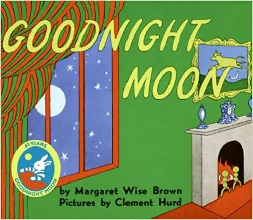 book cover of good night moon. shows window with moon outside and a room