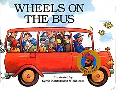 wheels on the bus book cover with red bus full of people