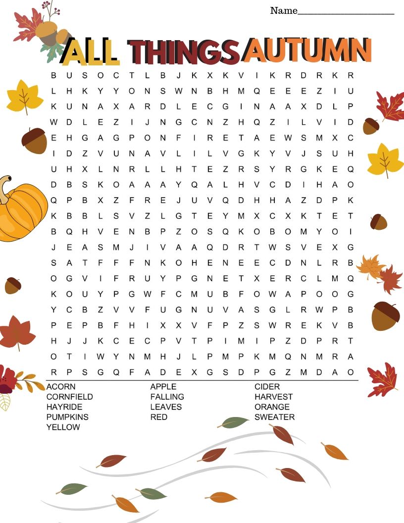 autumn themed word search printable 