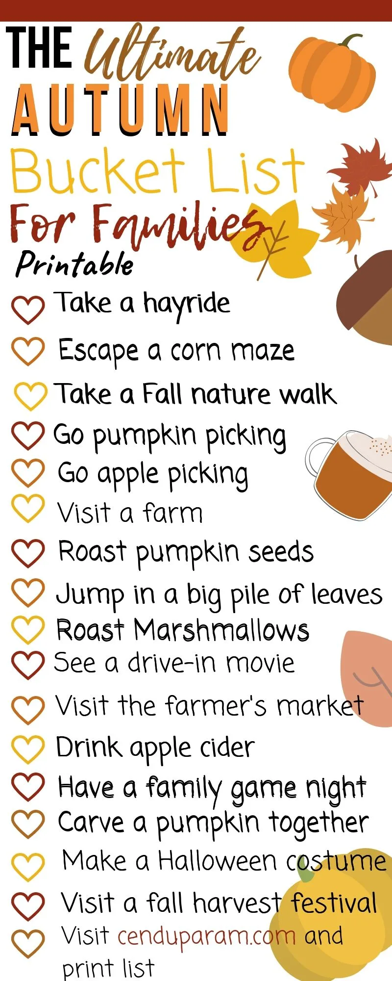 The ultimate autumn bucket list for the whole family like pumpkin picking, roasting pumpkin sees and watching leaves change color.