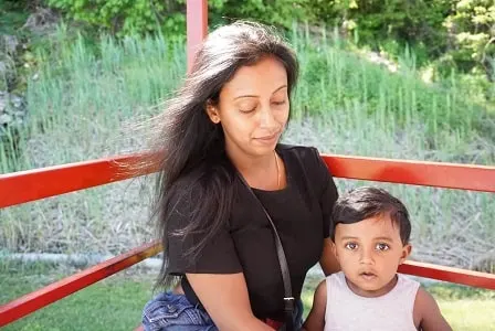 mom and son on tractor ride