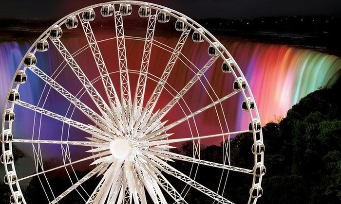 Niagara Falls Sky Wheel overlooking the falls at night.