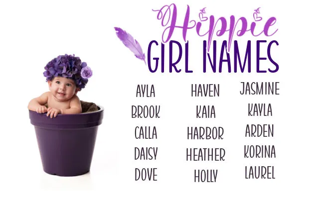 list of hippie girl names and baby girl wearing purple flowers