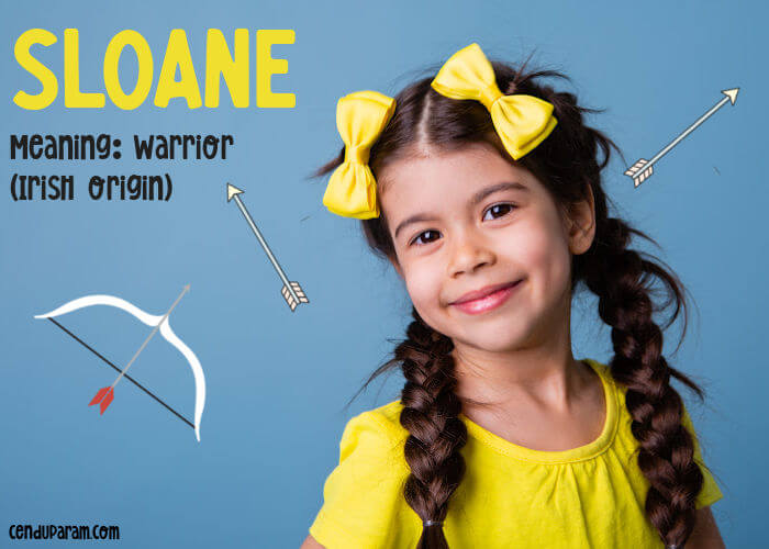example of cute masculine girl name for non binary people. cute girl with bows in hair smiling and name sloane with meaning and origin as example.
