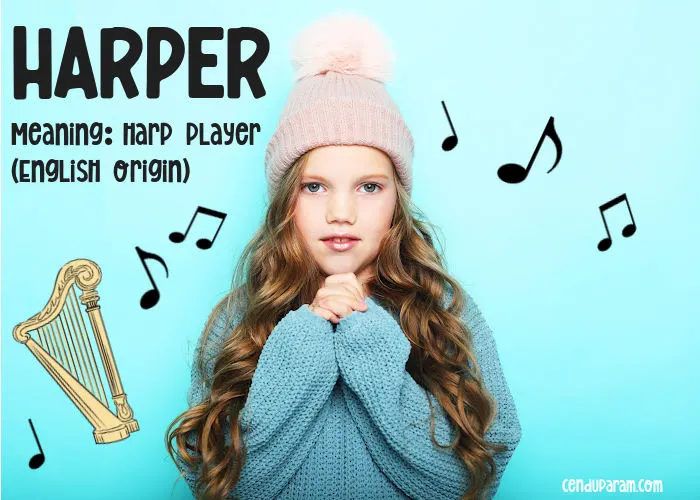 masculine girl name meaning and origin (example Harper) picture of cute girl and a harp