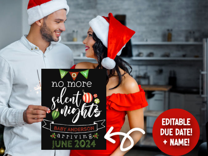 couple wearing Santa hats and holding funny Christmas pregnancy announcement board