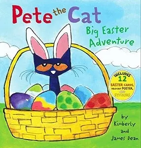 Pete The Cat Big Easter Adventure Book Cover with Easter Cat in a basket with Easter Eggs