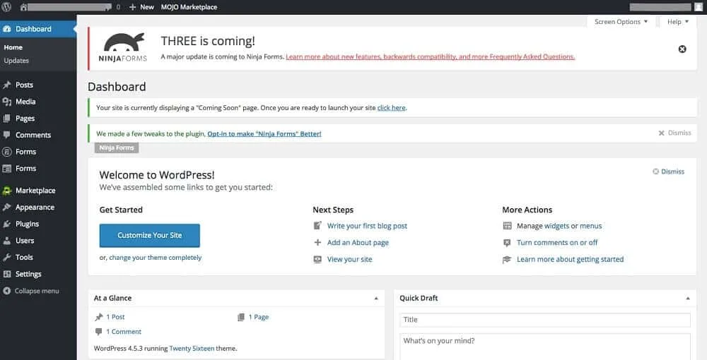 screenshot of wordpress dashboard