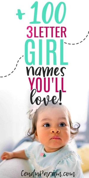 baby girl in blue dress standing on couch and looking up with title 3 letter girl names you'll love