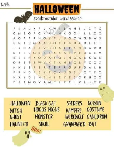 Halloween word search printable worksheet