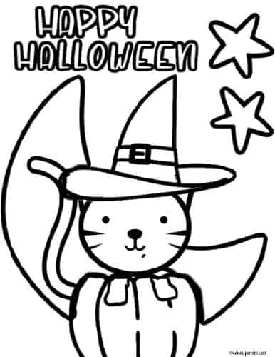 Free printable Halloween cat coloring page pdf. cute halloween cat wearing a witch hat with a crescent moon behind it.