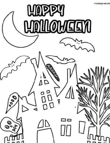 halloween haunted house coloring page printable pdf free for kids and teachers
