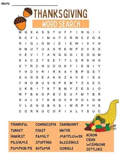 Thanksgiving word search pdf for kids