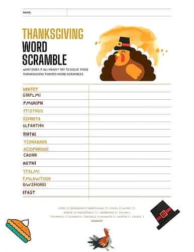 Thanksgiving Word Scramble Worksheet PDF