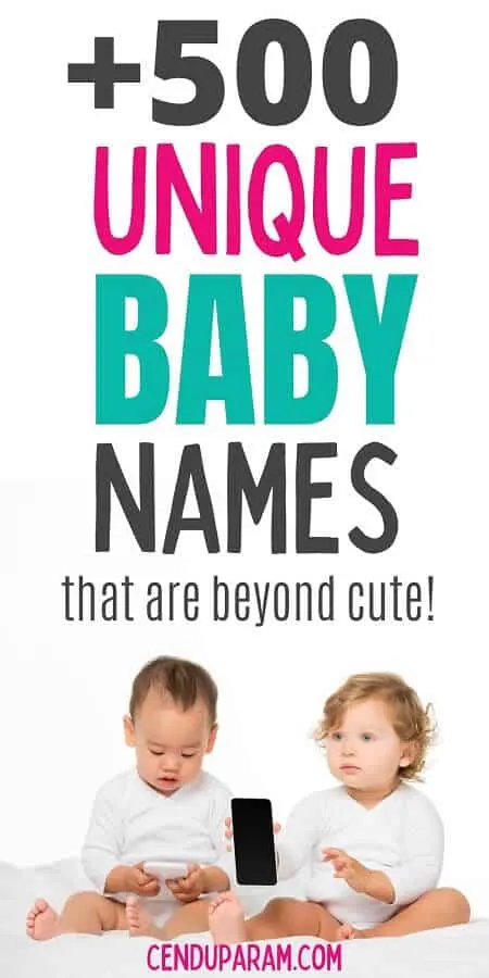 2 babies sitting together and playing with phone. caption of unique baby names by themes. 