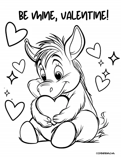 adorable donkey hugging a heart valentines day coloring sheet