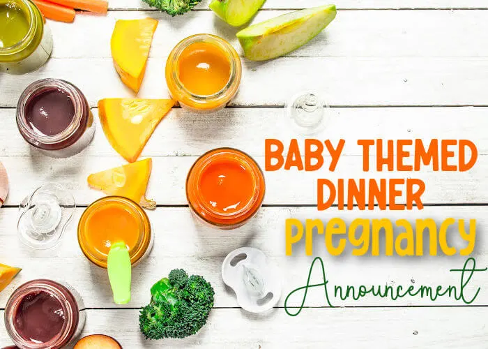 fun way to tell husband you're pregnant with baby themed dinner. flay lay of baby food purees