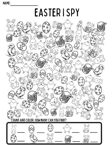 black and white Easter I spy coloring and counting printable activity