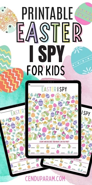 pin showing collage of free Easter I spy printable activity sheets