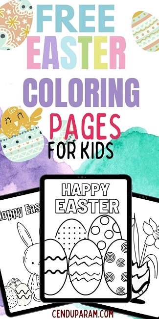 colorful pin with images of free Easter coloring pages for kids