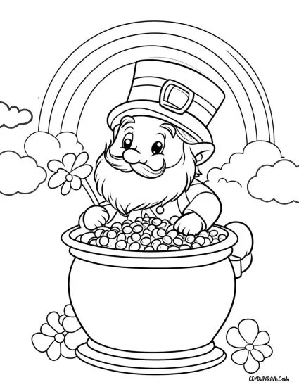cute leprechaun with pot of gold coloring page