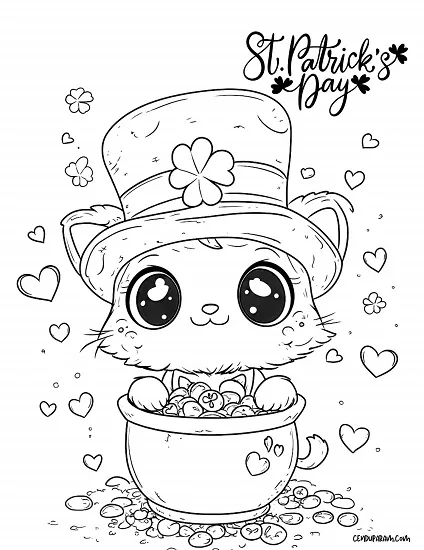 cute cat wearing leprechaun hat and holding pot of gold. kids coloring page