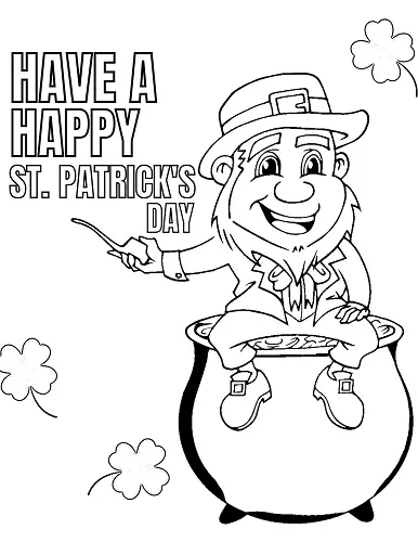 Leprechaun sitting on pot of gold coloring page