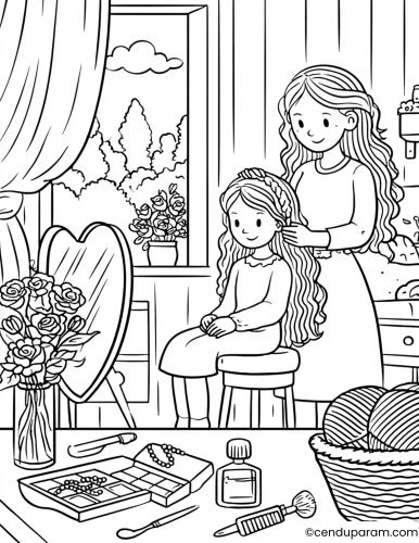 cute cozy mom moments coloring page of mother combing her daughters hair in their bedroom