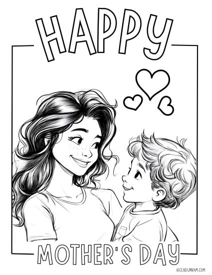 cute mom and son coloring page for mother's day
