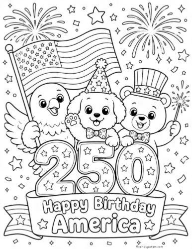 coloring page feating happy birthday america 250 years old with cute kawaii eagle, puppy and bear