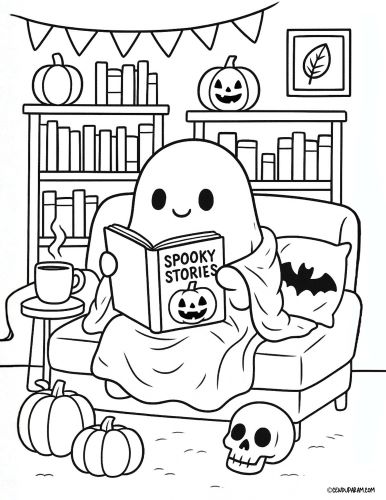 halloween coloring page of a ghost in cozy scene at home reading a book