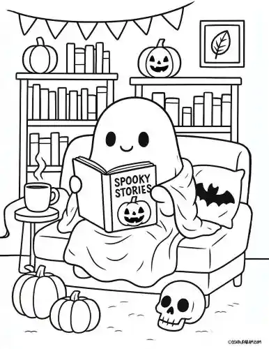 halloween coloring page of a ghost in cozy scene at home reading a book