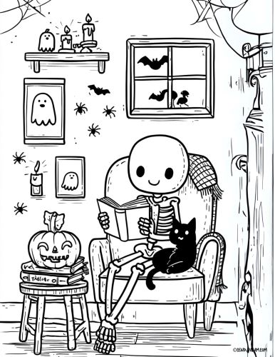 cozy vibes skeleton at home reading a book coloring page