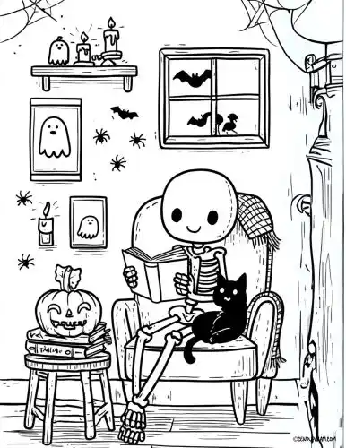 cozy vibes skeleton at home reading a book coloring page