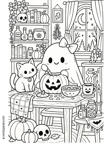 spooky cute halloween coloring page of cute kawaii ghost carving a pumpkin
