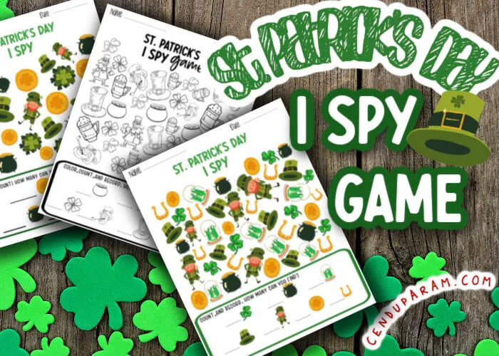 flat lay of St. Patrick's I SPY printables with sharocks and clovers