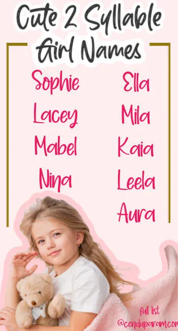 list of two syllable girl names and meanings with picture of little girl holding teddy bear