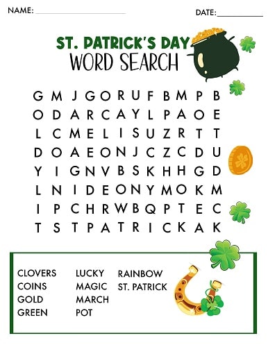 St. Patrick's Day Word Search preschool to 1st grade