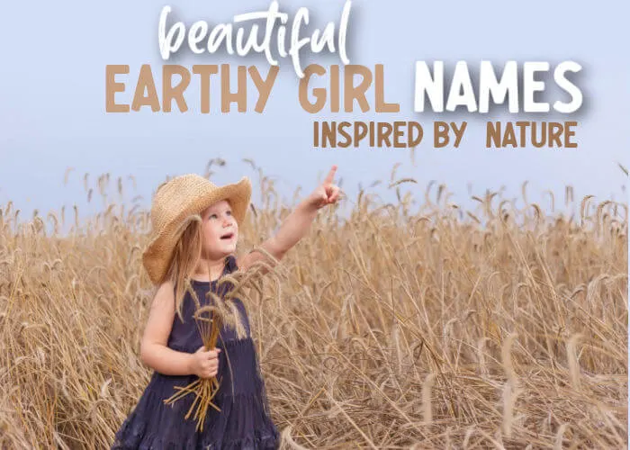 title beautiful earthy girl names inspired by nature and picture of girl in a meadow holding flowers and pointing