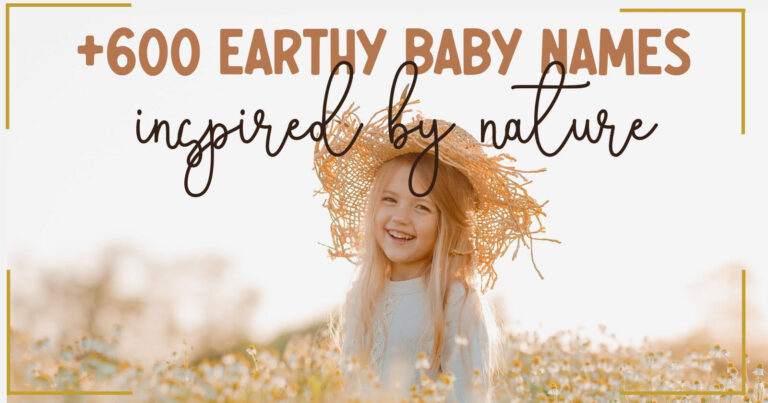 title earthy baby names inspired by nature and picture of little girl wearing straw hat and smiling in a meadow