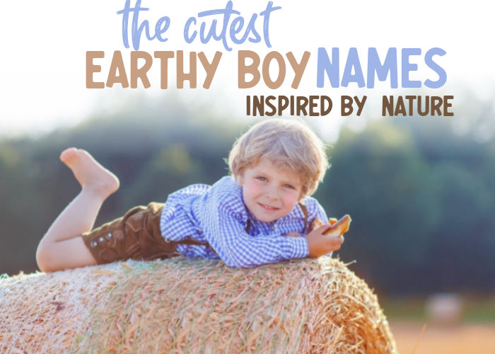 little boy on hay stack with title strong earthy boy names