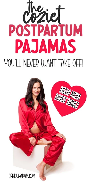postpartum woman wearing red maternity pajamas and smiling with title best postpartum pajamas you'll never want to take off