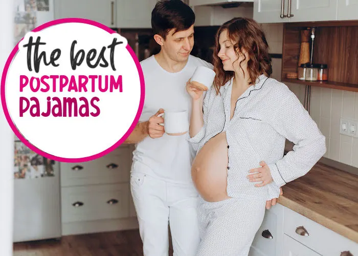 pregnant woman wearing postpartum pajamas and drinking coffee