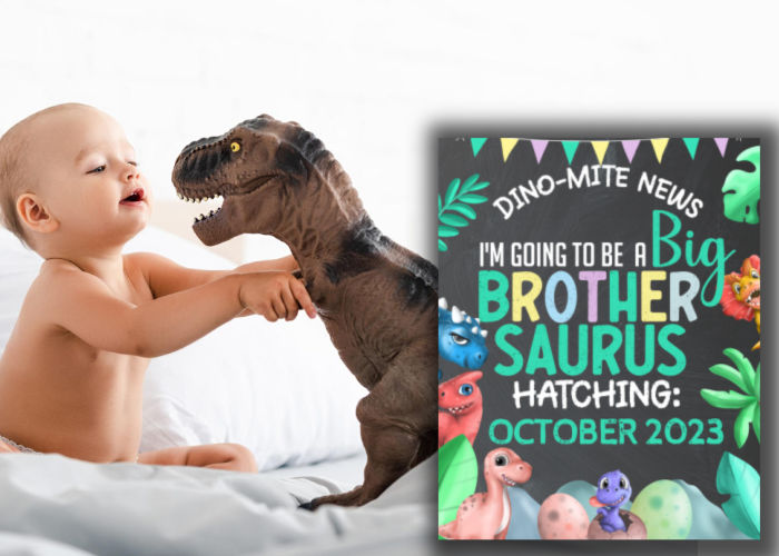 baby playing with dinosaur toy next to dinosaur themed pregnancy announcement sign