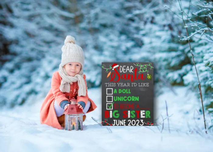 little girl in winter coat and hat sitting outside in snow next to Christmas pregnancy announcement sign big sister theme