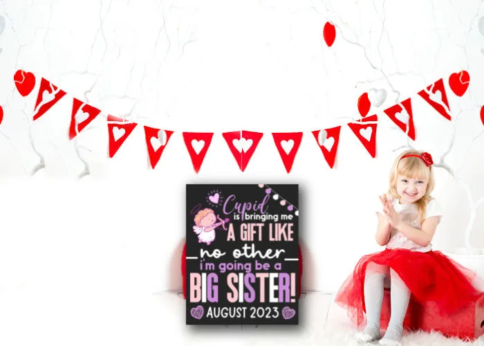 little girl i red dress sitting next to Valentine's Day Big Sister Pregnancy Announcement