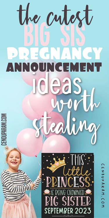 little girl holding balloons next to big sister pregnancy announcement sign