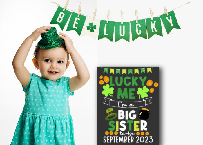 little girl wearing green leprechaun hat standing next to St. Paddy's Day Pregnancy Announcement for Big Sister