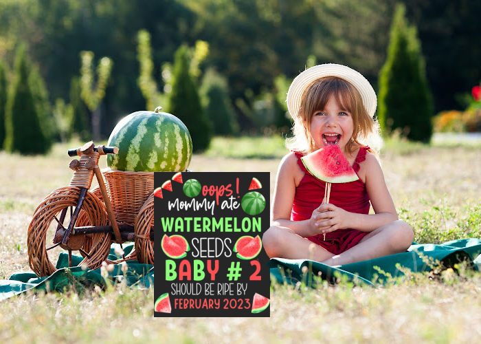 cute little girl eating watermelon next to watermelon themed sibling announcement sign