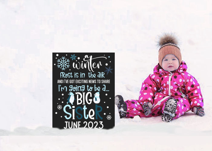 little girl in snowsuit sitting in snow next to winter big sister pregnancy announcement 